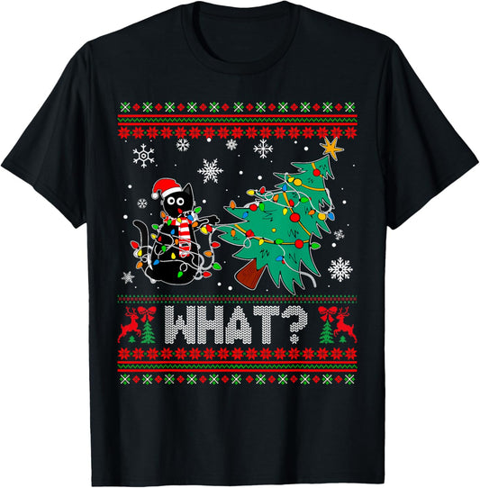 Cat What Funny Black Cat Pushing Christmas Tree Ugly Xmas T-Shirt for Men Women Kids