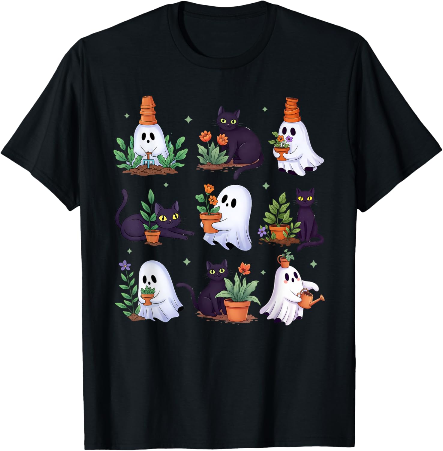 Cat Ghost Plant Lady Spooky Season Halloween Plant Lover T-Shirt