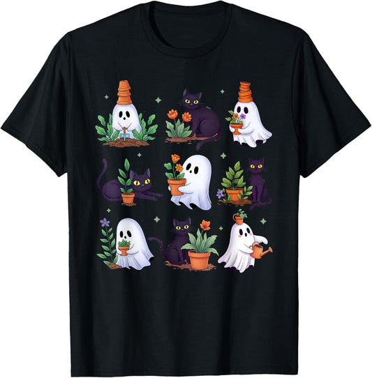 Cat Ghost Plant Lady Spooky Season Halloween Plant Lover T-Shirt