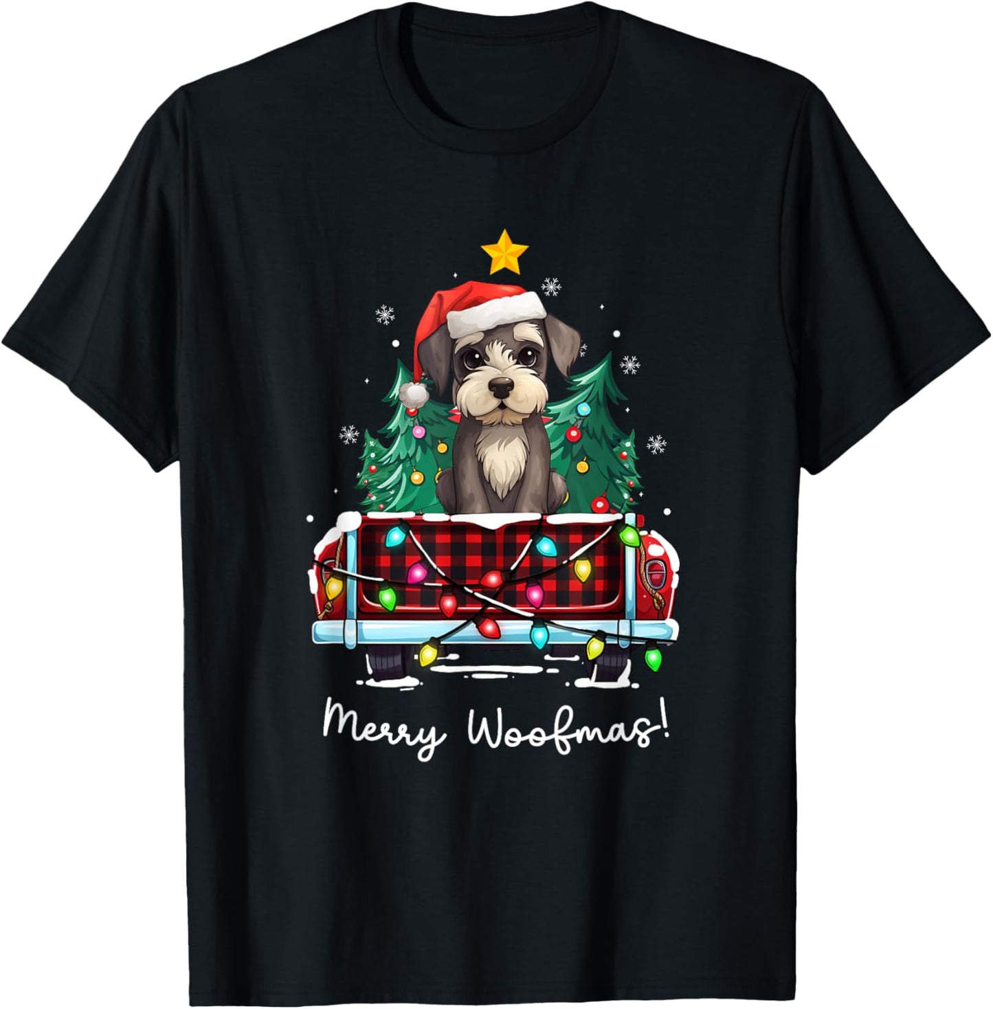 Miniature Schnauzer Christmas Dog Truck Plaid Funny Xmas T-Shirt for Men Women Kids