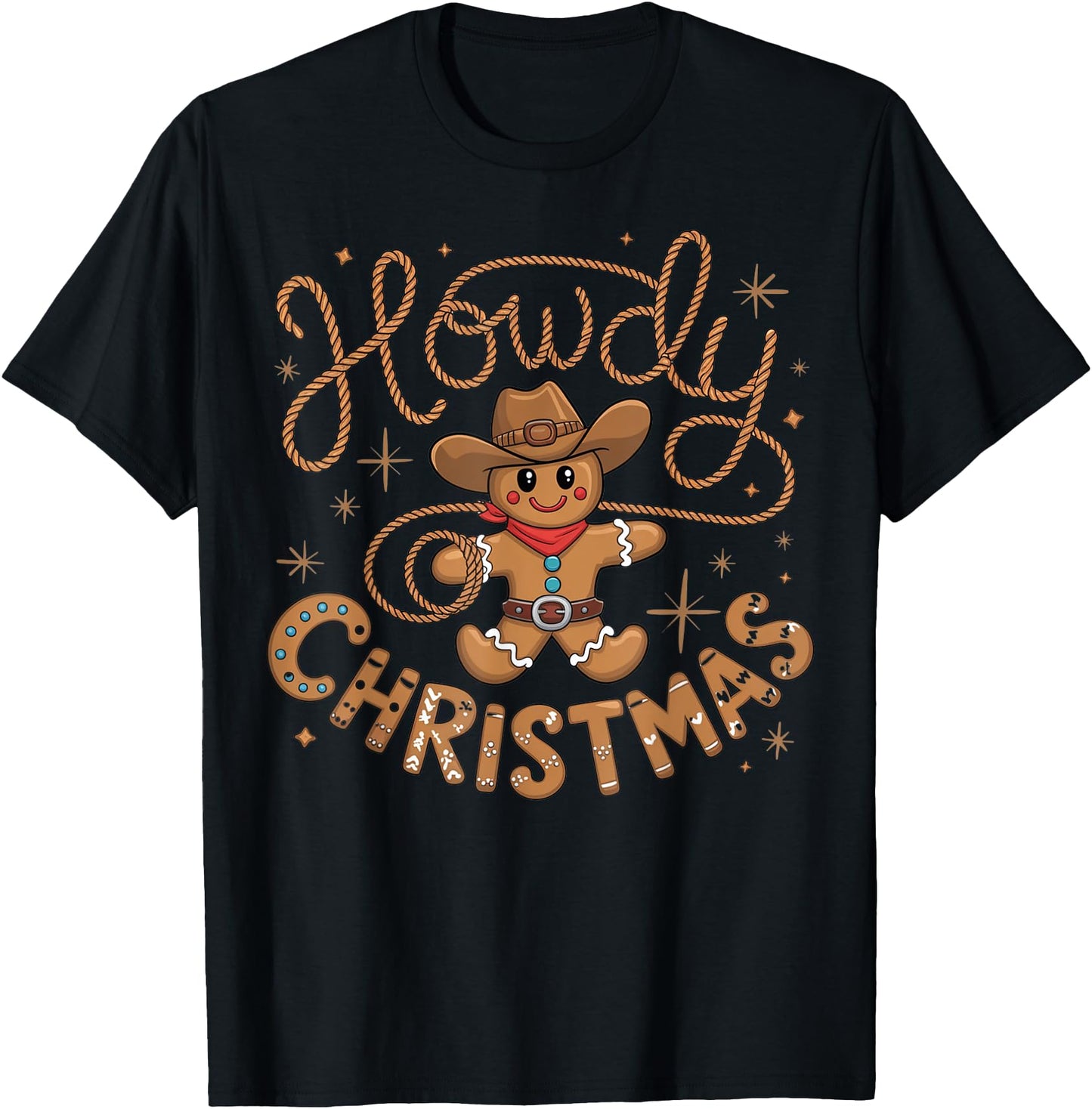 Retro Gingerbread Cowboy Western Howdy Christmas Unisex Christmas T-Shirt, Black, Small, Short Sleeve, Cotton Blend, Machine Wash, Regular Fit, Cartoon Pattern, Western Style