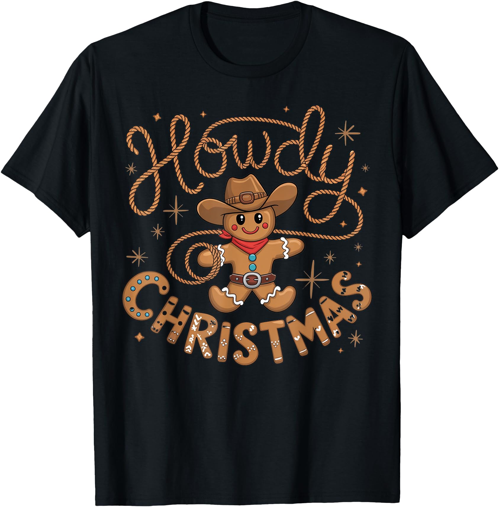 Retro Gingerbread Cowboy Western Howdy Christmas Unisex Christmas T-Shirt, Black, Small, Short Sleeve, Cotton Blend, Machine Wash, Regular Fit, Cartoon Pattern, Western Style