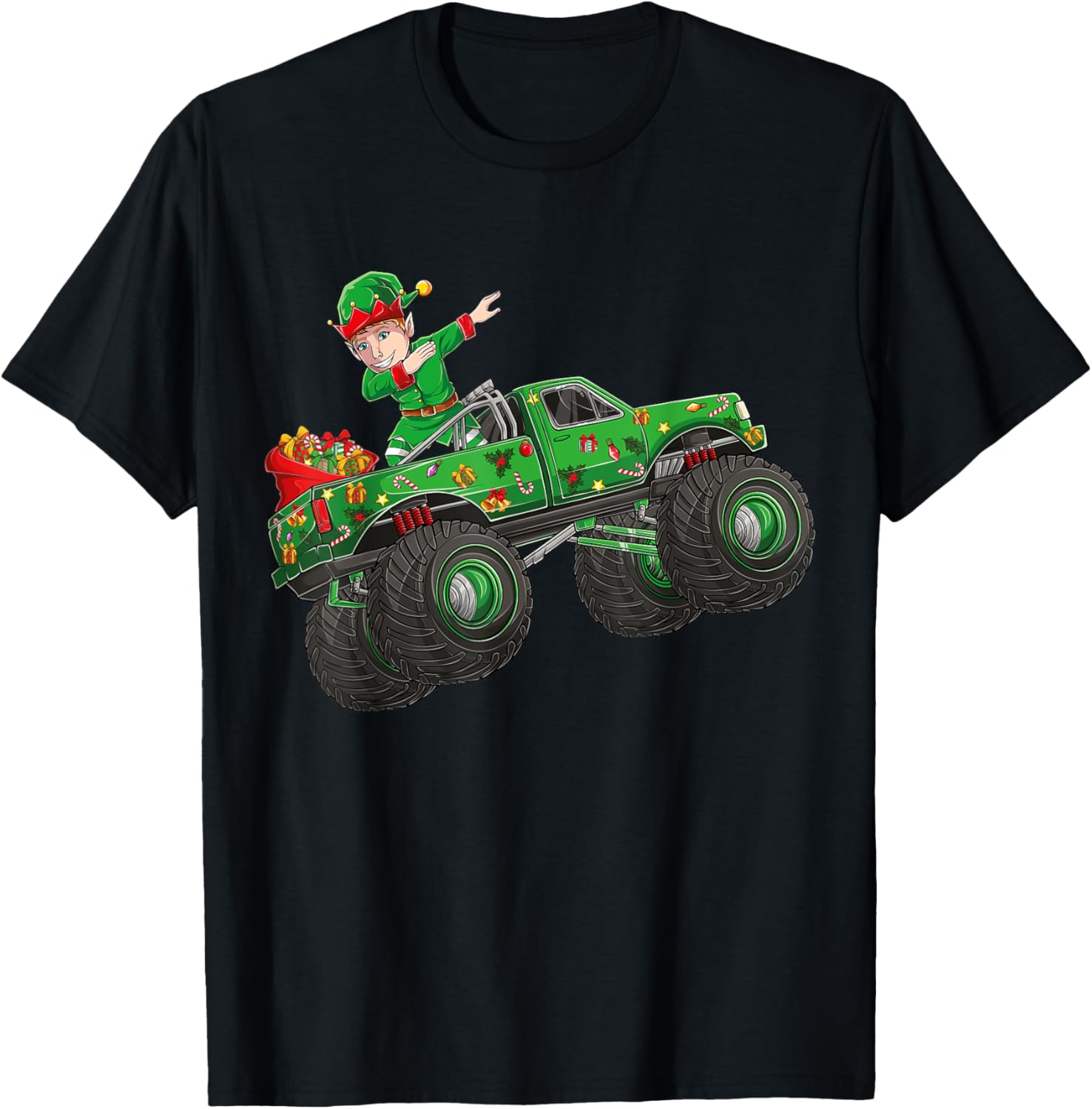Christmas Elf Riding Monster Truck Boys Kids girls men Xmas