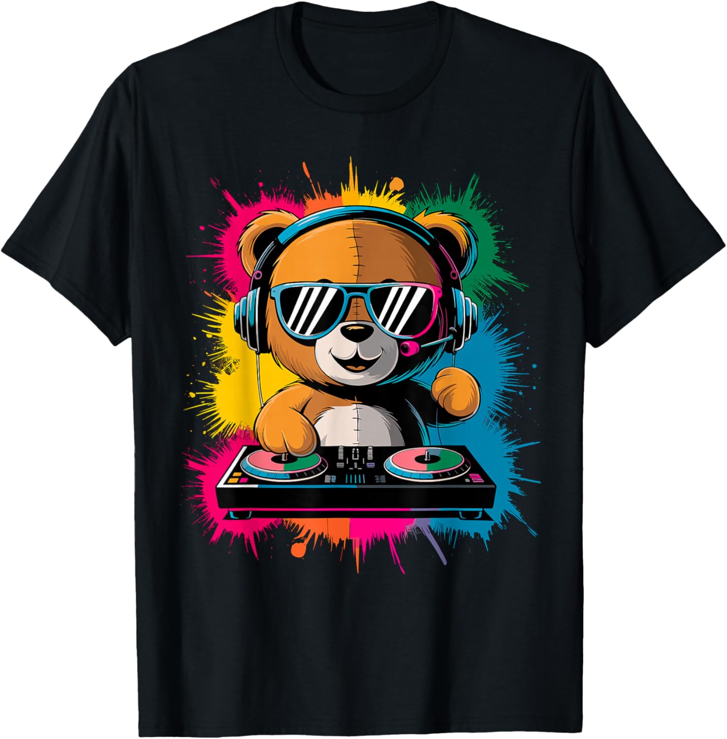Magical and Funny DJ Gifts Colorful DJ Teddy Bear T-Shirt, Children's Unisex, Black, Small, Short Sleeve, Cotton Blend, Cartoon, Classic Fit, Imported