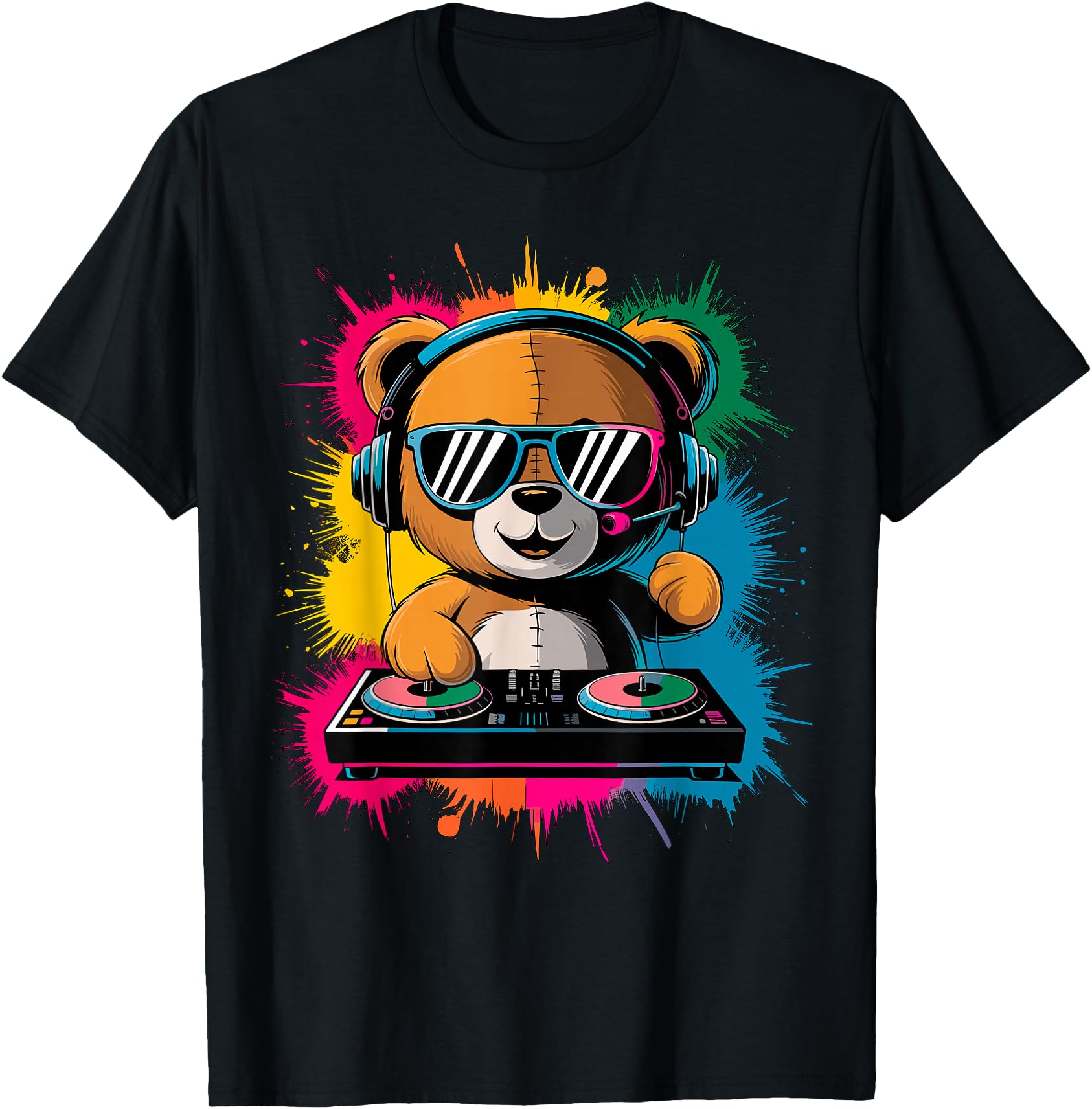 Magical and Funny DJ Gifts Colorful DJ Teddy Bear T-Shirt, Children's Unisex, Black, Small, Short Sleeve, Cotton Blend, Cartoon, Classic Fit, Imported