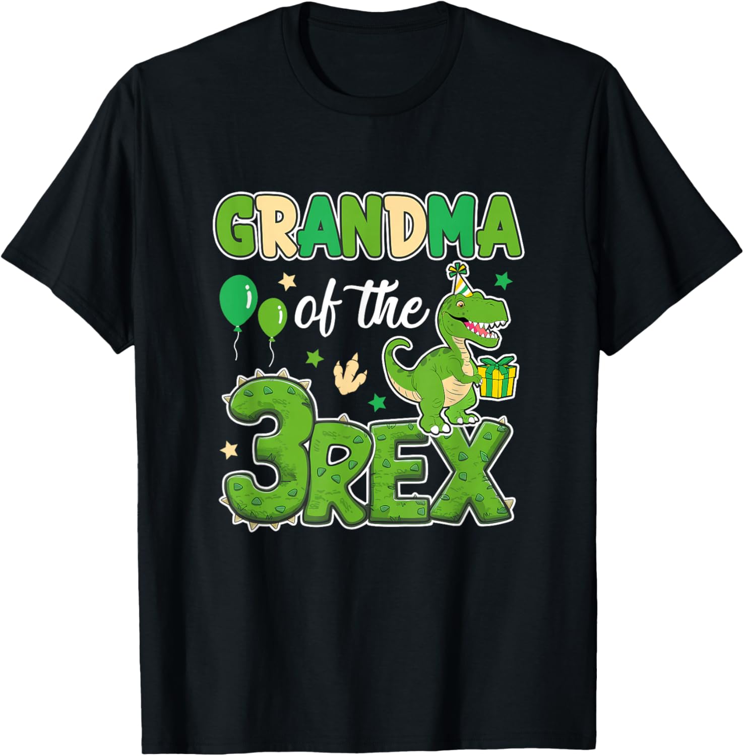 Grandma Of The Birthday Boy Dinosaur T-Rex Family Matching T-Shirt - Unisex-Adults, Kids - Black - Short Sleeve - V-Neck - Small - Modern - Cartoon - Animals - Birthday - Dinosaur-themed