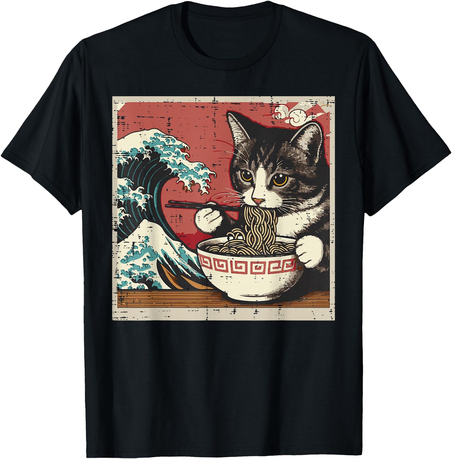 Cat Eating Ramen Great Wave Japanese Food Art Women Men