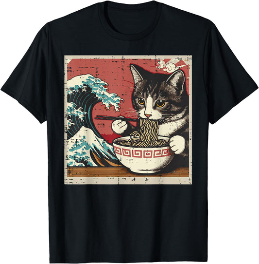 Cat Eating Ramen Great Wave Japanese Food Art Women Men