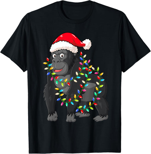 Christmas Lights Gorilla Wearing Xmas Hat - Gorilla Lover