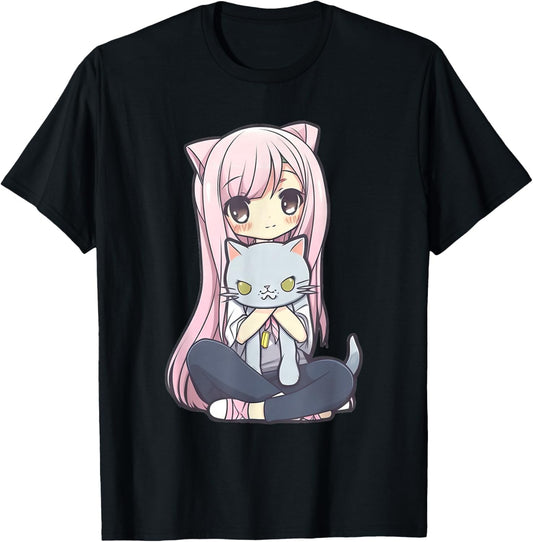 Anime and Cats Kawaii Cute Teen Otaku Girl with Cat