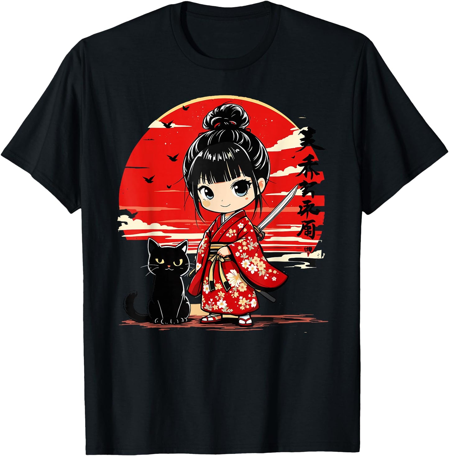 Cute Kawaii Samurai Girl and Cat Japanese Anime Girls