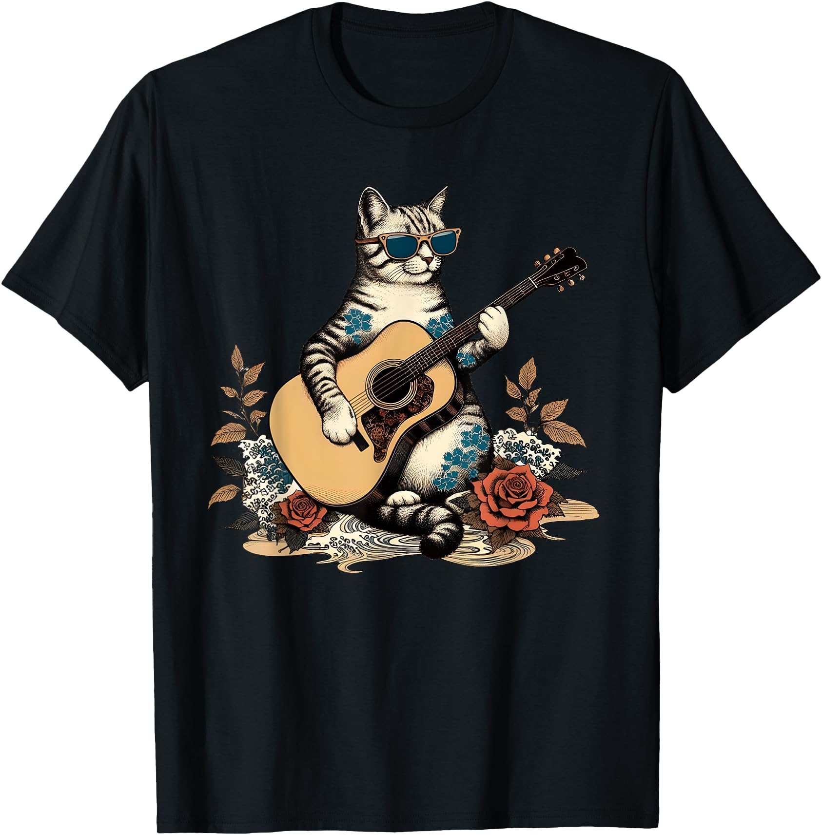 Japanese Samurai Cat Playing Acoustic Guitar Graphic art T-Shirt for Men Women Girls