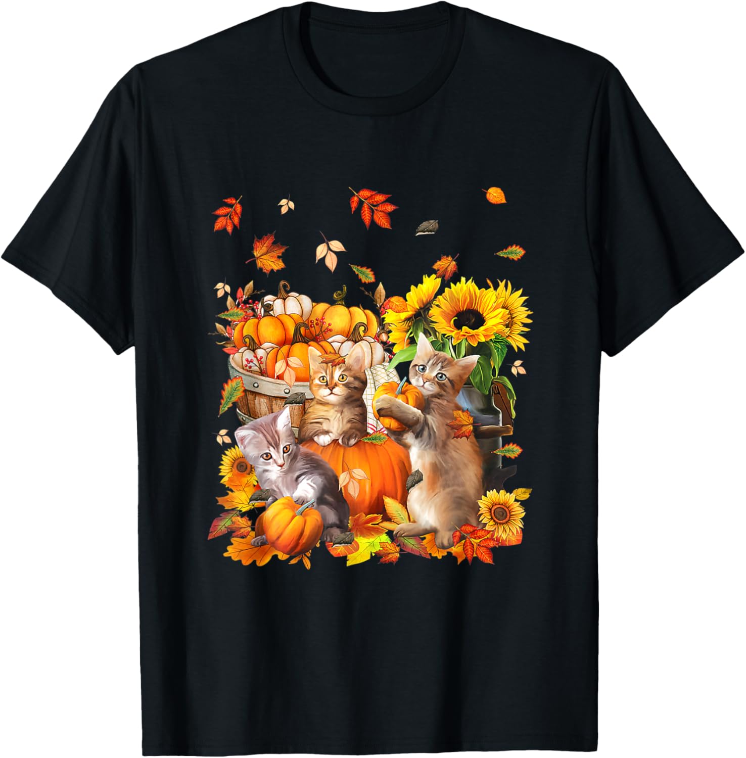 Cats Fall Autumn Pumpkins Thanksgiving Matching Sunflower T-Shirt