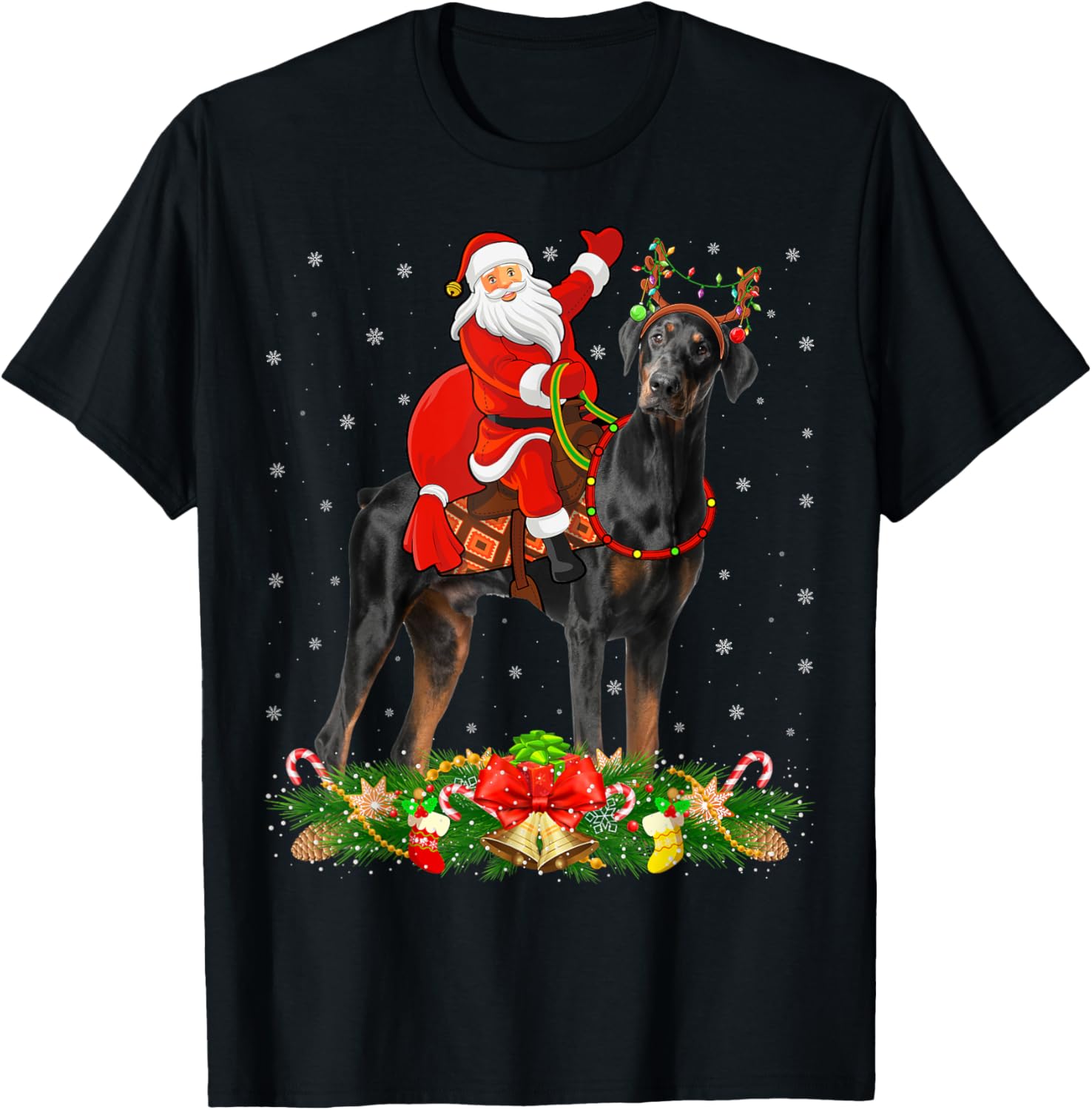 Doberman Dog Xmas Funny Santa Riding Doberman Christmas