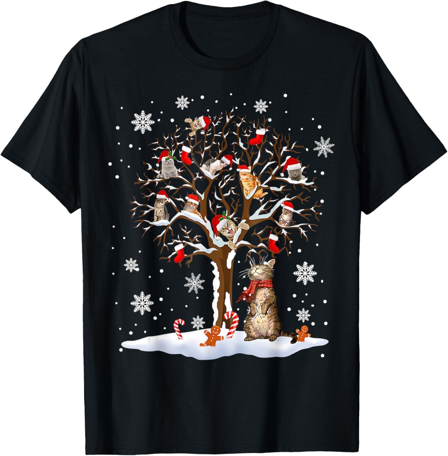 Cats In Snow Tree Winter Christmas Santa Hat X-mas T-Shirt