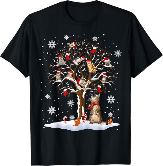 Cats In Snow Tree Winter Christmas Santa Hat X-mas T-Shirt
