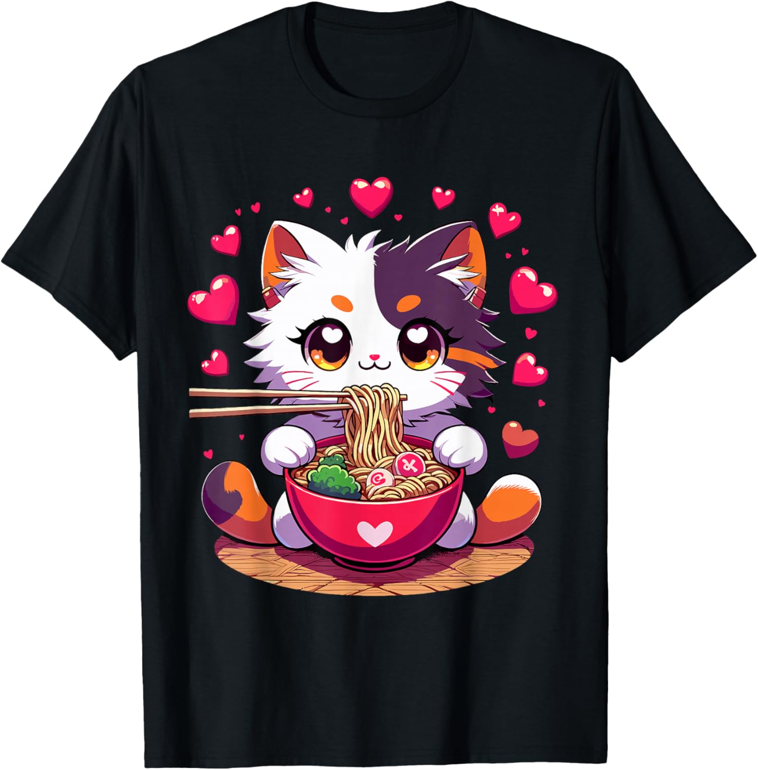 Anime Cat eating Ramen Noodles with Hearts Valentines Day
