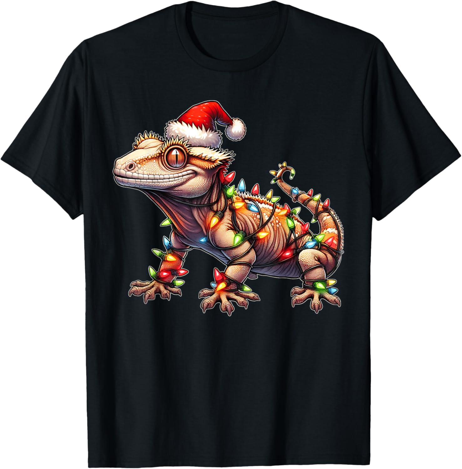 Crested Gecko Lizard Christmas Xmas T-Shirt - Unisex-Adult, Black, Small, Short Sleeve