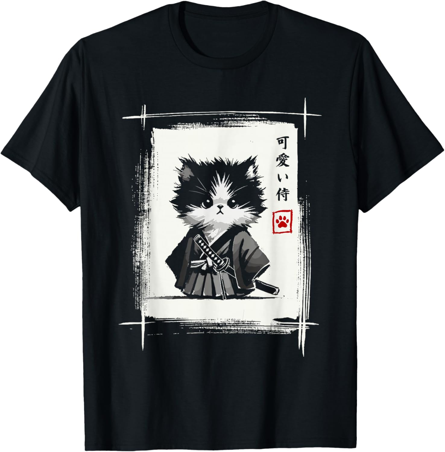 Samurai Cat Japanese Art Sumi-e Novelty Kawaii Funny Cat