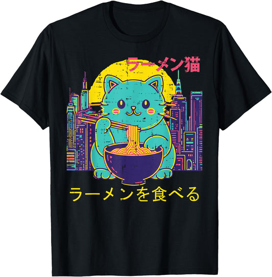 Cat Eating Ramen Vaporwave Retro Japanese Girls Women