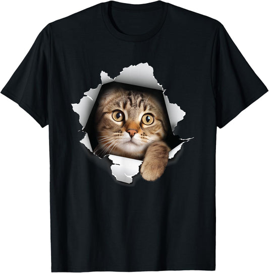 Cat Looking Through Hole - Cat Lover Kitten Owner Kitty T-Shirt for Men Women Kids