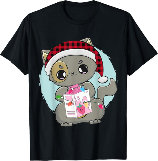 Cat Kitten Chibi Anime Neko Strawberry Milk Kawaii Red Plaid T-Shirt for Men Women Kids