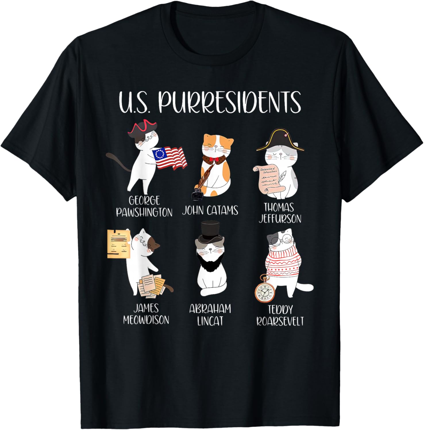 American History Teacher Cute Cats History Lovers Unisex-Adults T-Shirt, Black, Small, Short Sleeve, Modern Classic Fit, Crew Neck, Cartoon Pattern