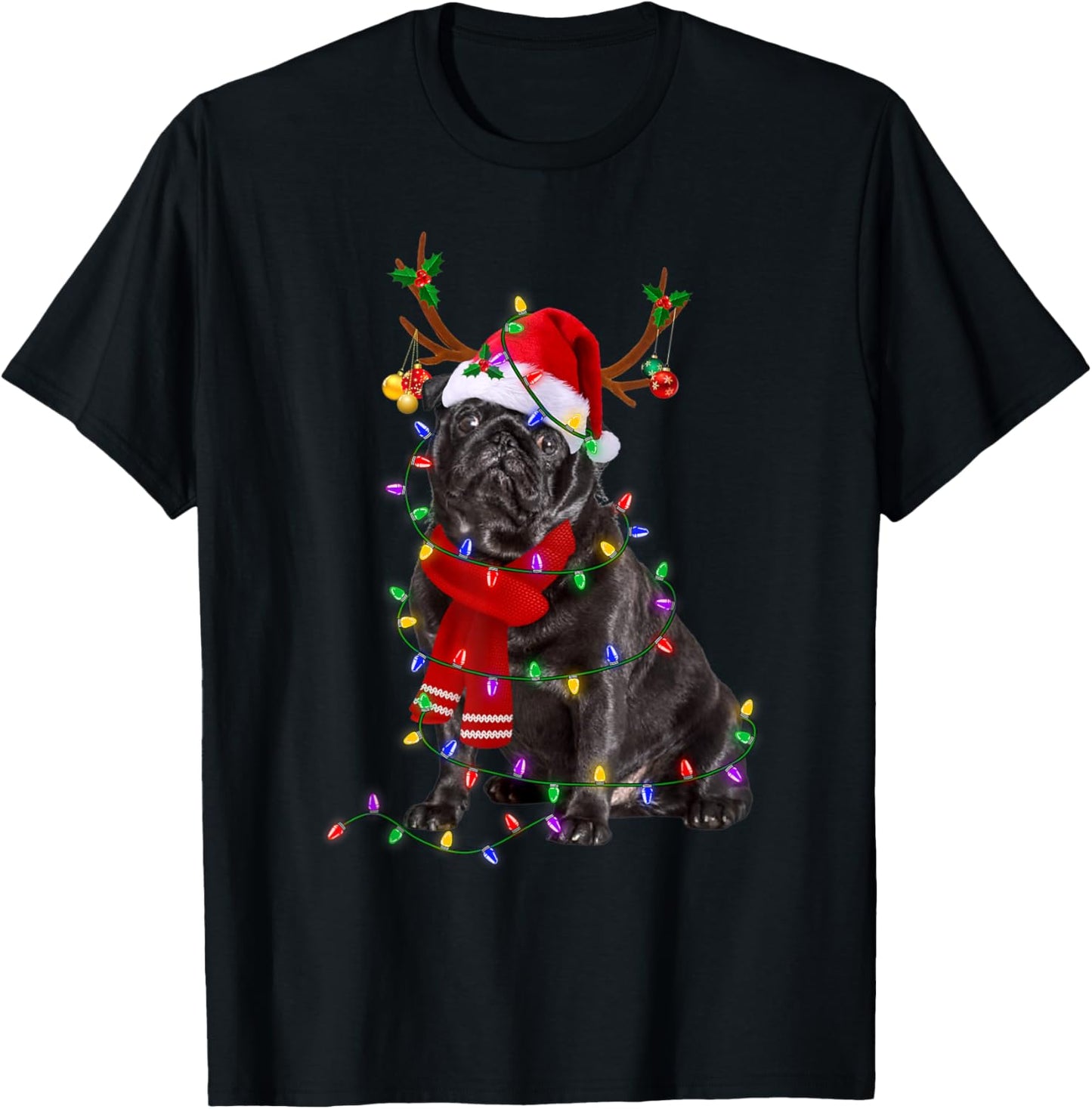 Funny Black Pug Dog Tree Christmas Lights Xmas Pajama Men Women Kids