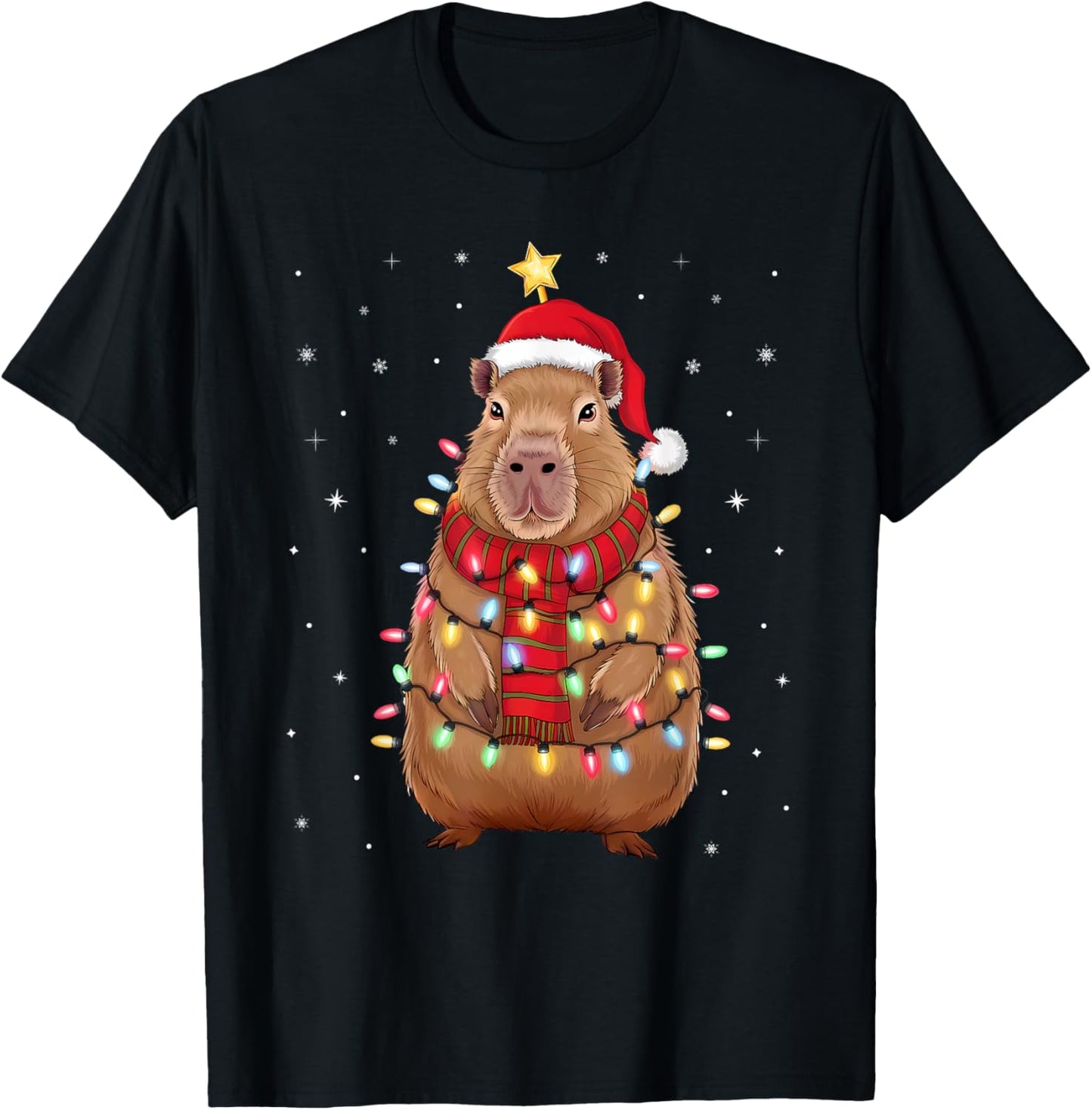 Christmas Capybara With Santa Hat Xmas Lights Tree T-Shirt