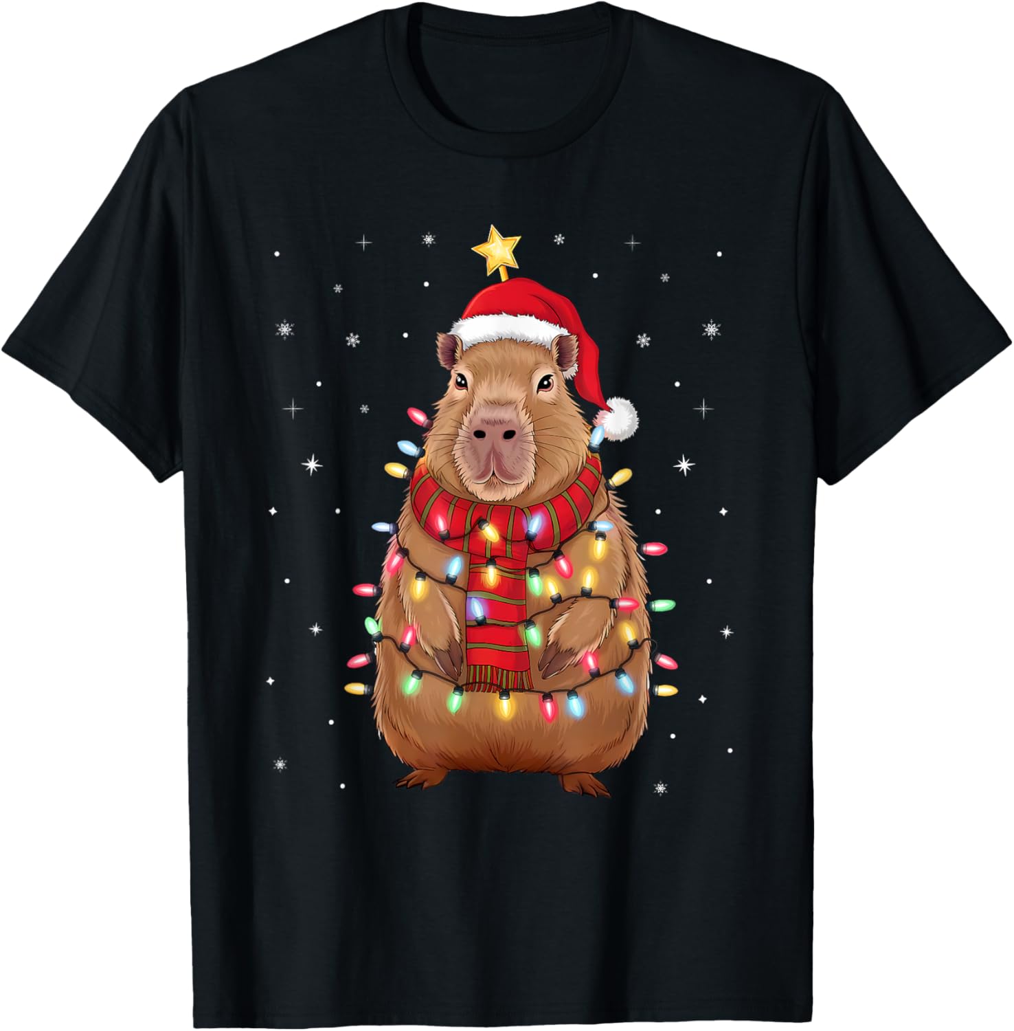 Christmas Capybara With Santa Hat Xmas Lights Tree T-Shirt