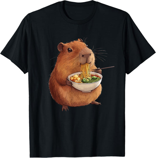 Capybara Designs. Kawaii Capybara Eating Ramen Noodles Anime Japanese Unisex-Adults and Kids T-Shirt - Black - Small - Short Sleeve