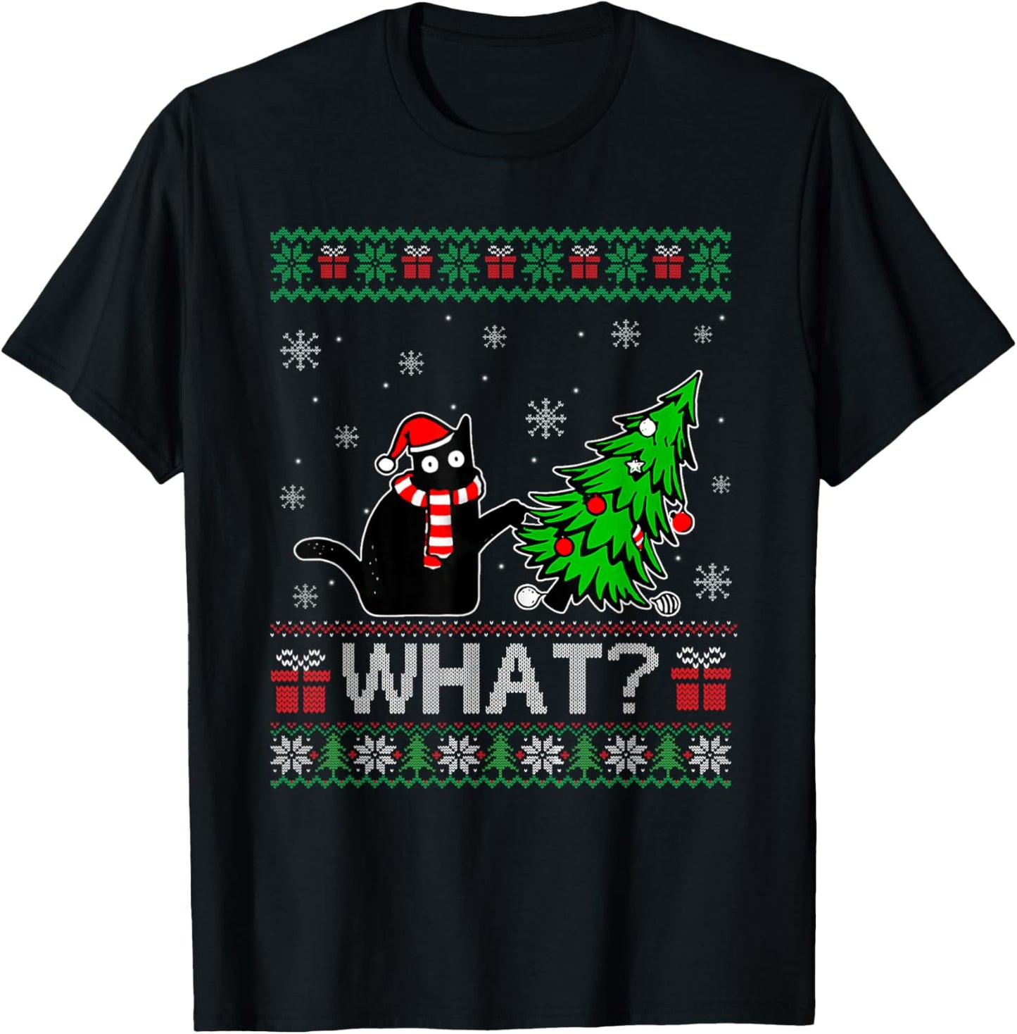 Cat What Funny Black Cat Pushing Christmas Tree Ugly Xmas T-Shirt for Men Women