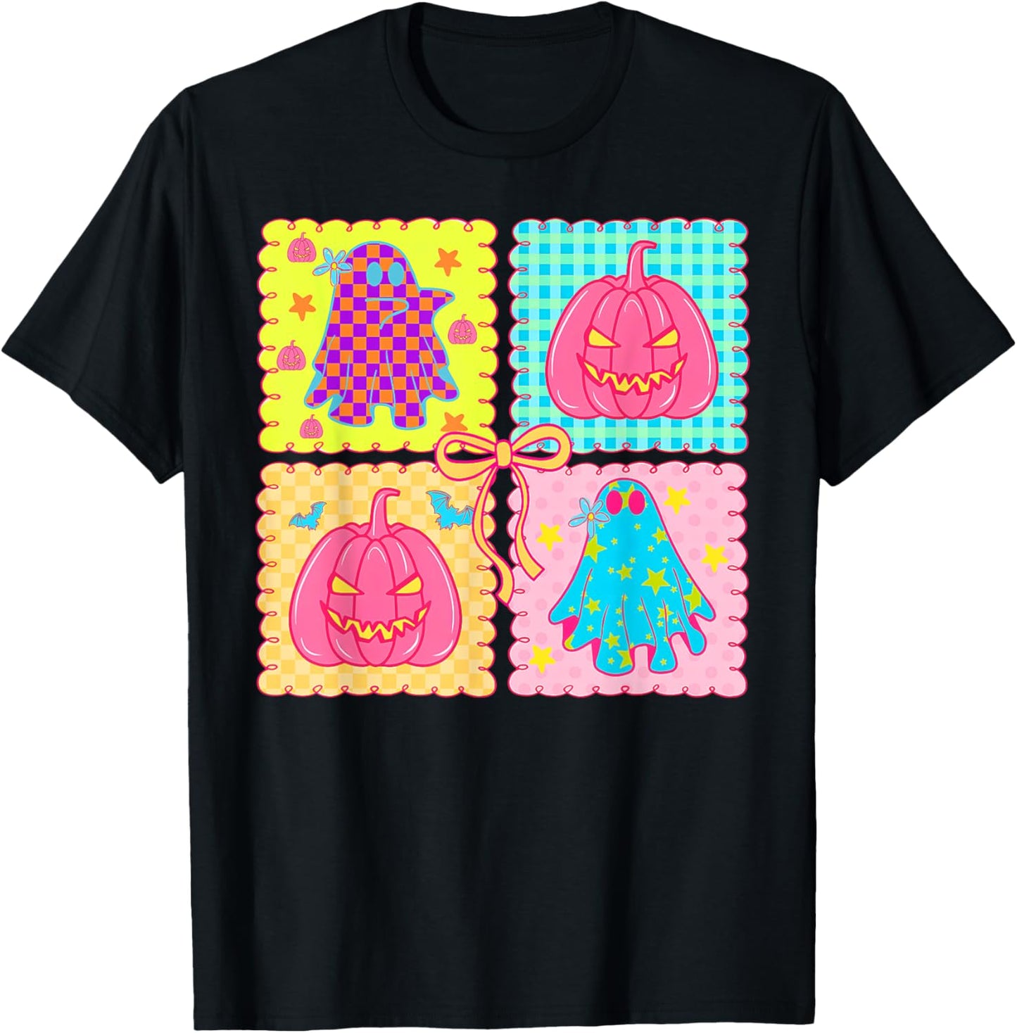 Checkered Ghost Pumpkin Bow Halloween Spooky Season Pumpkin T-Shirt