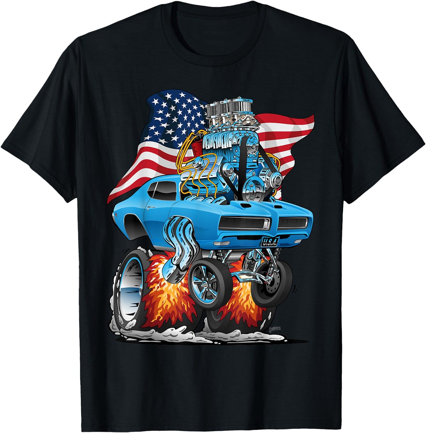 Patriotic 60s Muscle Car Funny Dragster USA Hotrod Cartoon