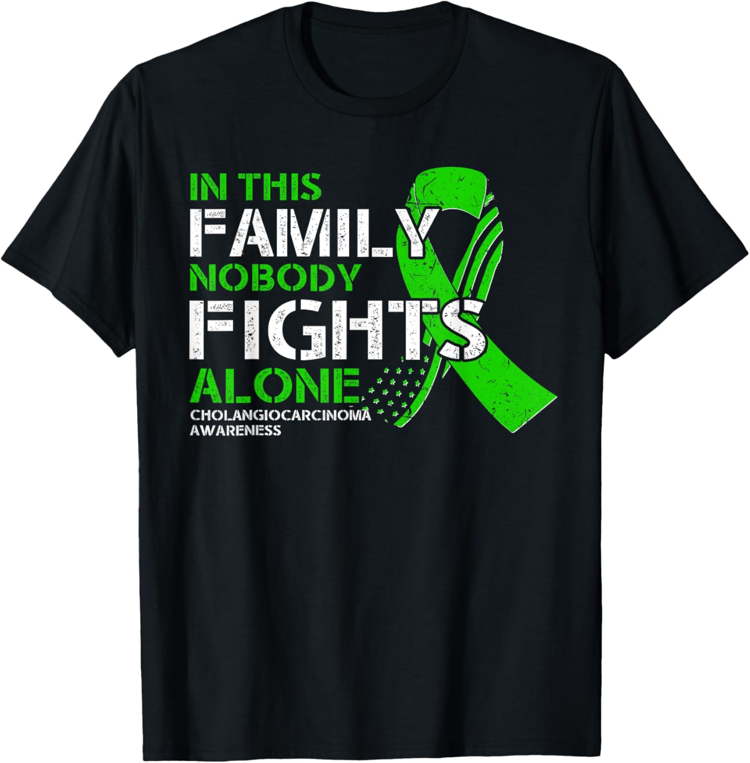 Cholangiocarcinoma Awareness - American Flag Green Ribbon T-Shirt