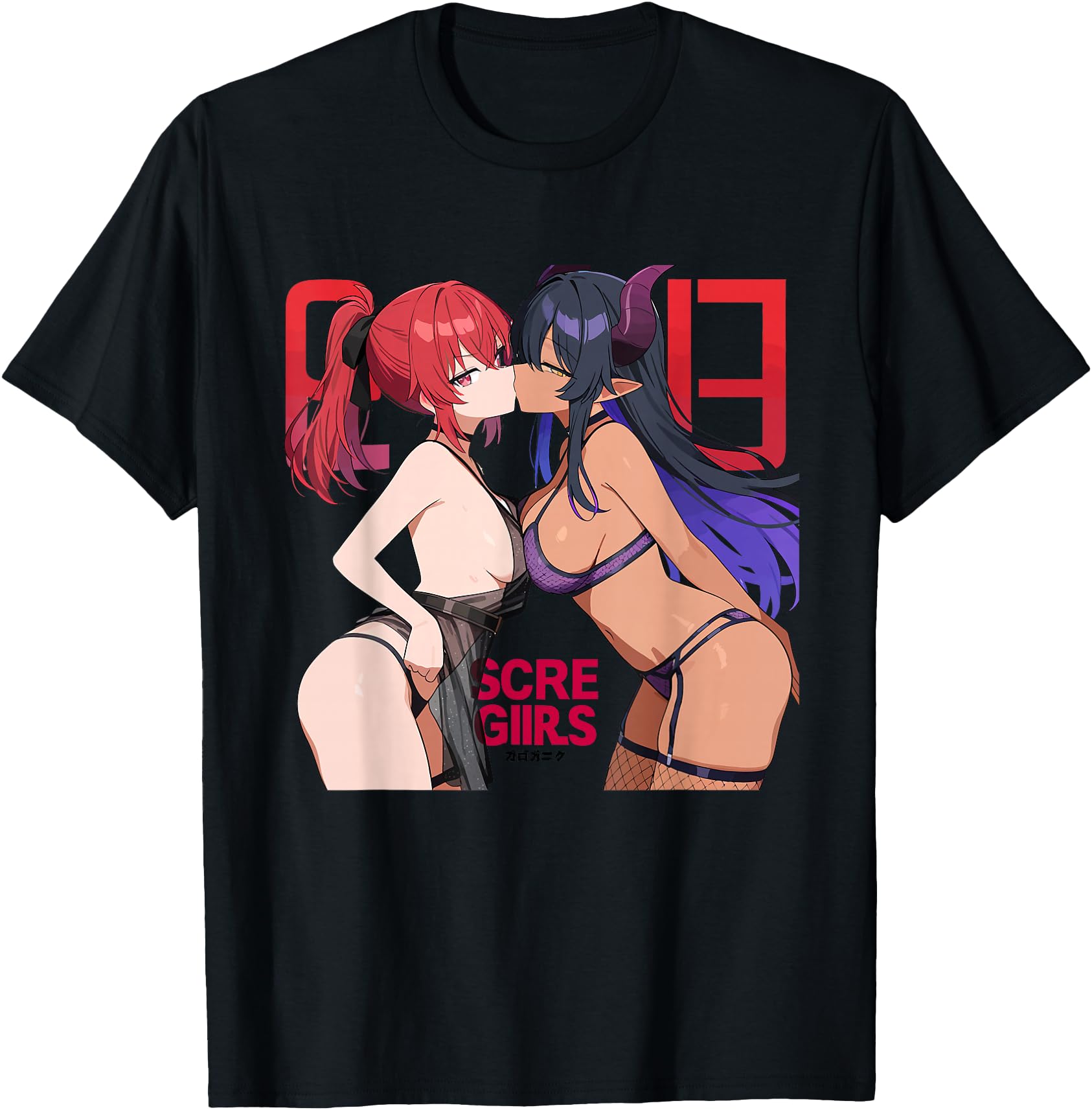 Waifu Sexy Anime Kissing Girls Horns Japanese Manga Style