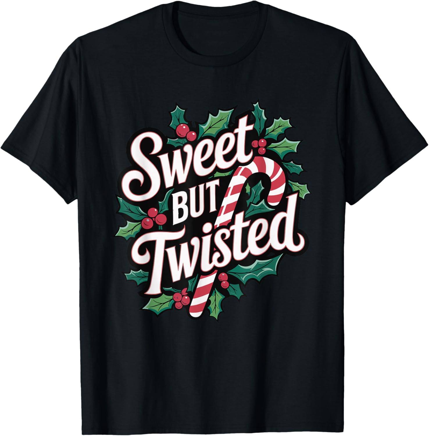 Christmas Candy Cane Sugar Xmas Sweet But Twisted Unisex-Adult Christmas T-Shirt, Black, Small, Short Sleeve, V-Neck, Modern, Festive Design
