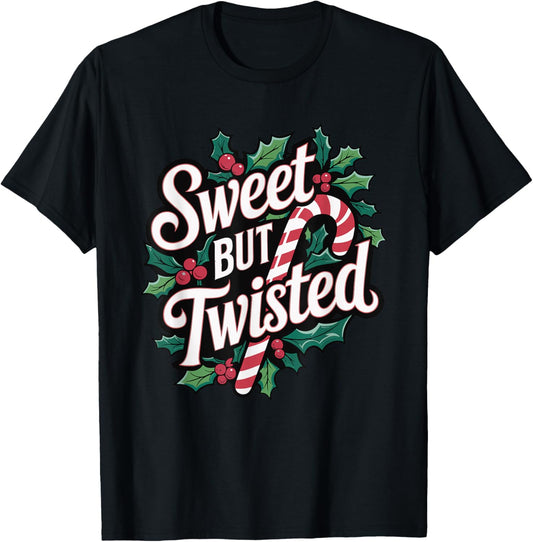 Christmas Candy Cane Sugar Xmas Sweet But Twisted Unisex-Adult Christmas T-Shirt, Black, Small, Short Sleeve, V-Neck, Modern, Festive Design