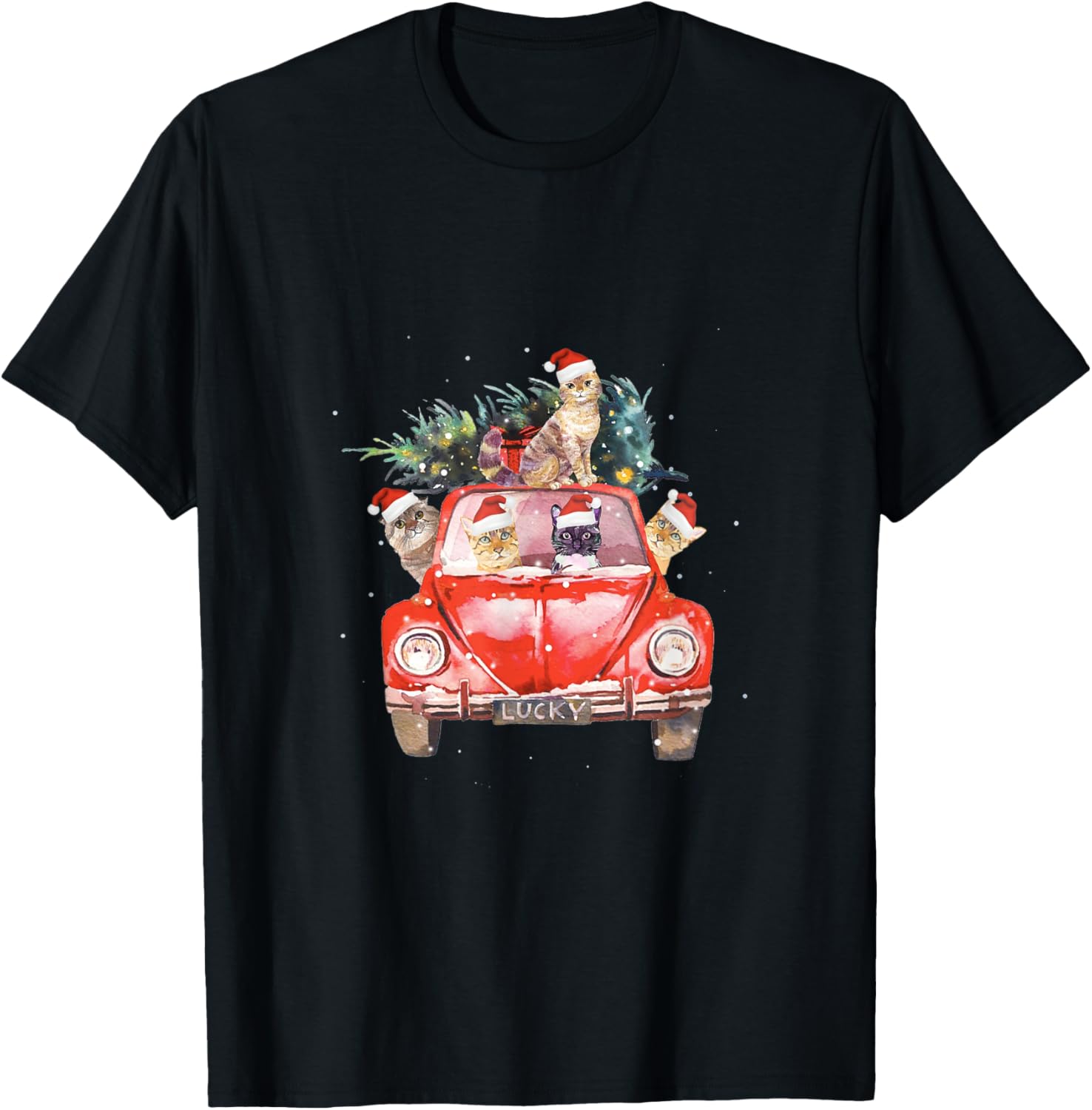Cat Riding Red Truck Christmas Tree Cat Santa Hat Xmas Gift T-Shirt for Men Women Kids