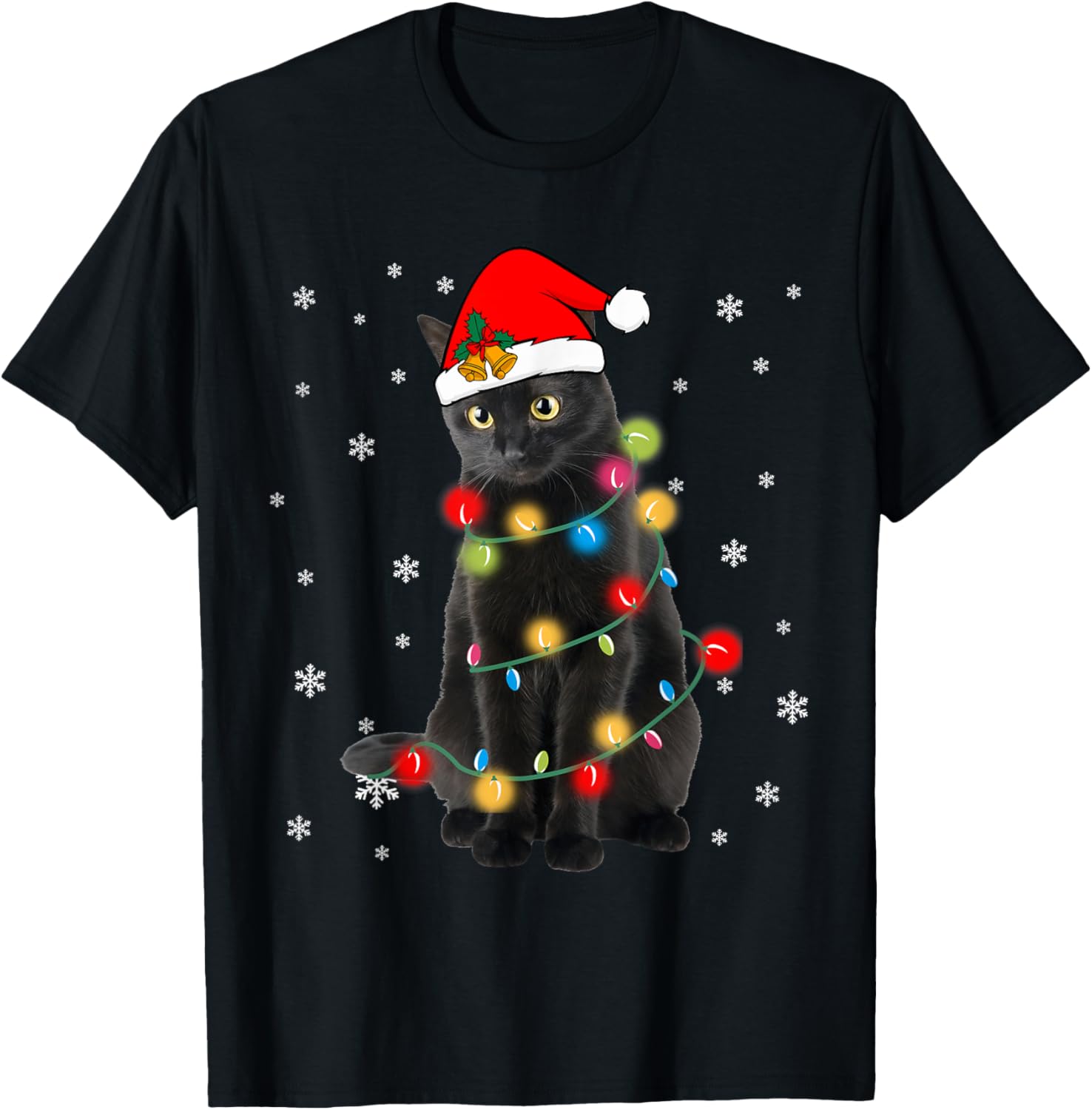 Black Cat Christmas Light Shirt for Cat Lover Funny Xmas Men Women Kids