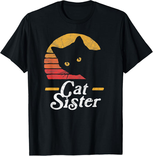 Cat Sister Vintage Eighties Style Cat Retro Distressed Men Women Kids T-Shirt