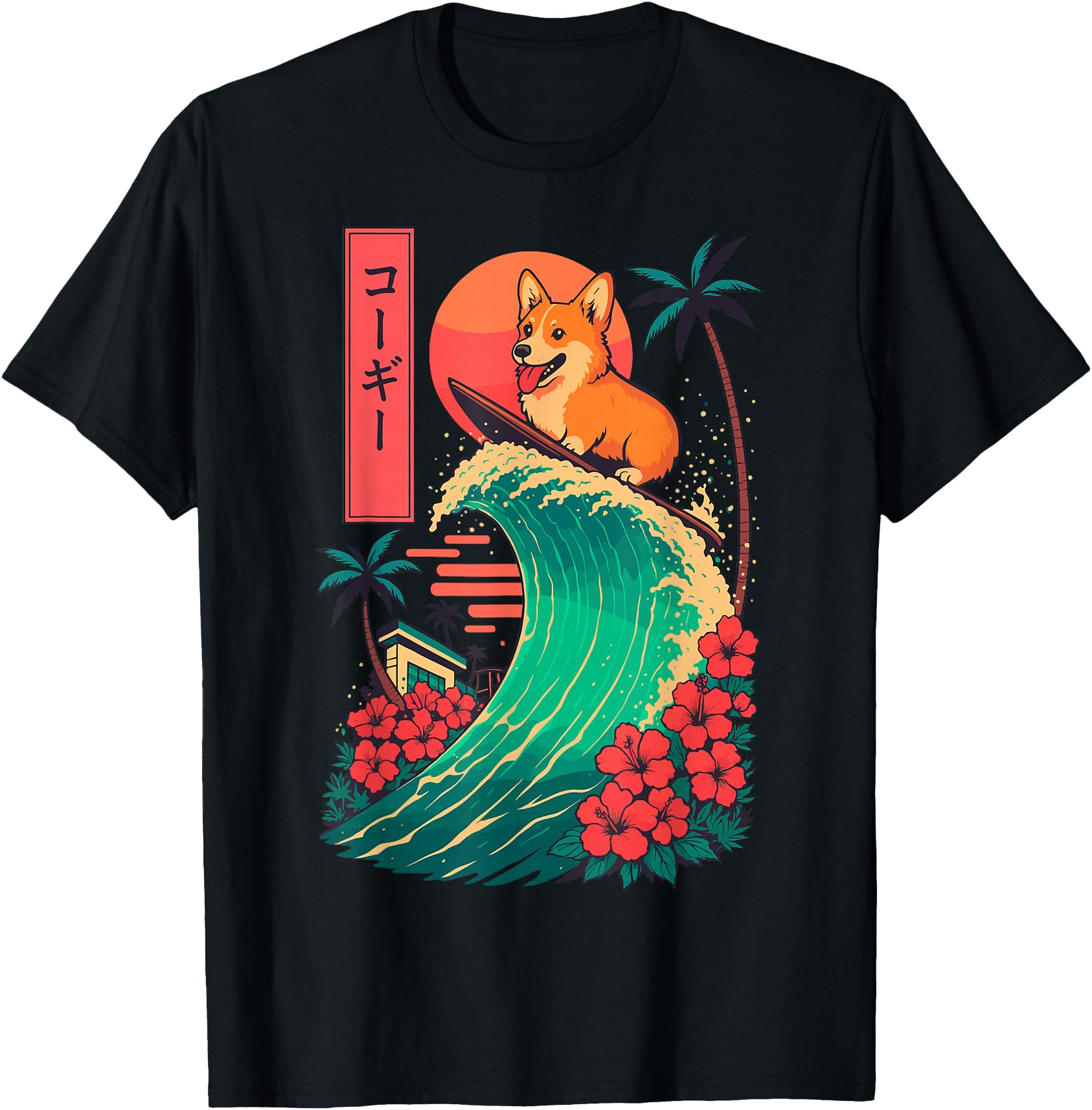 Corgi Surfing Japanese Wave