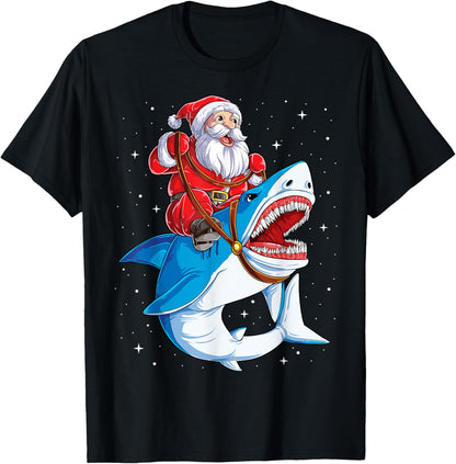 Santa Claus Riding Shark Christmas Boys Merry Sharkmas Xmas