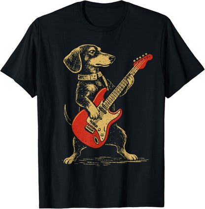 Vintage Dachshund Playing Guitar Funny Rock Music Dog Design