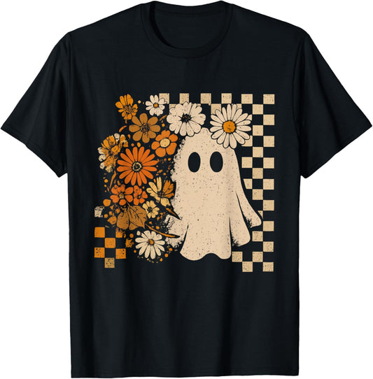 Checkered Floral Ghost Halloween Spooky Season Ghost Womens T-Shirt