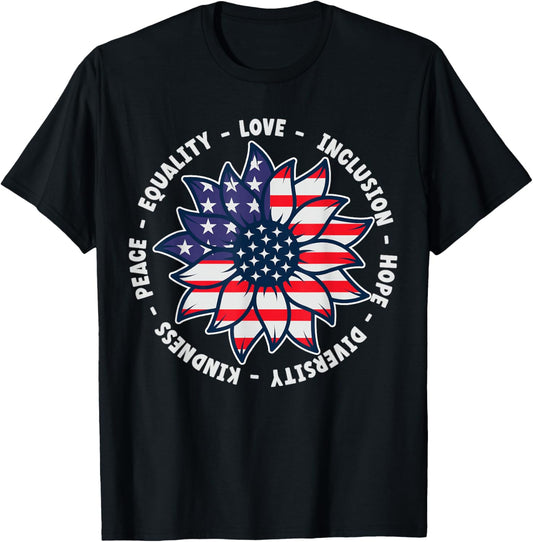 4th of July Shirts for Women and Men Unisex-Youth Black Cotton Short Sleeve T-Shirt Kindness Peace Equality Love Inclusion Hope Diversity Social Justice T-Shirt S