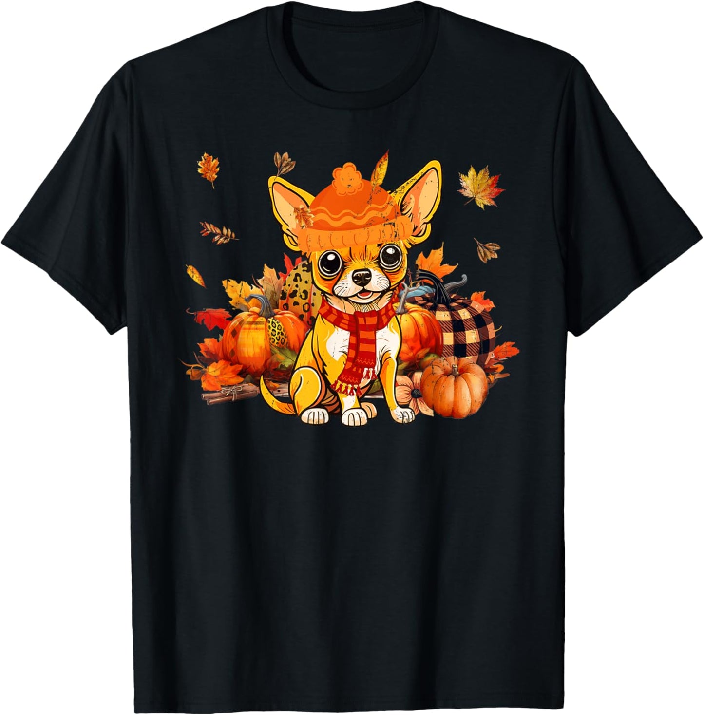 Chihuahua Dog Fall Scarf Leopard Pumpkins Autumn Leaves T-Shirt