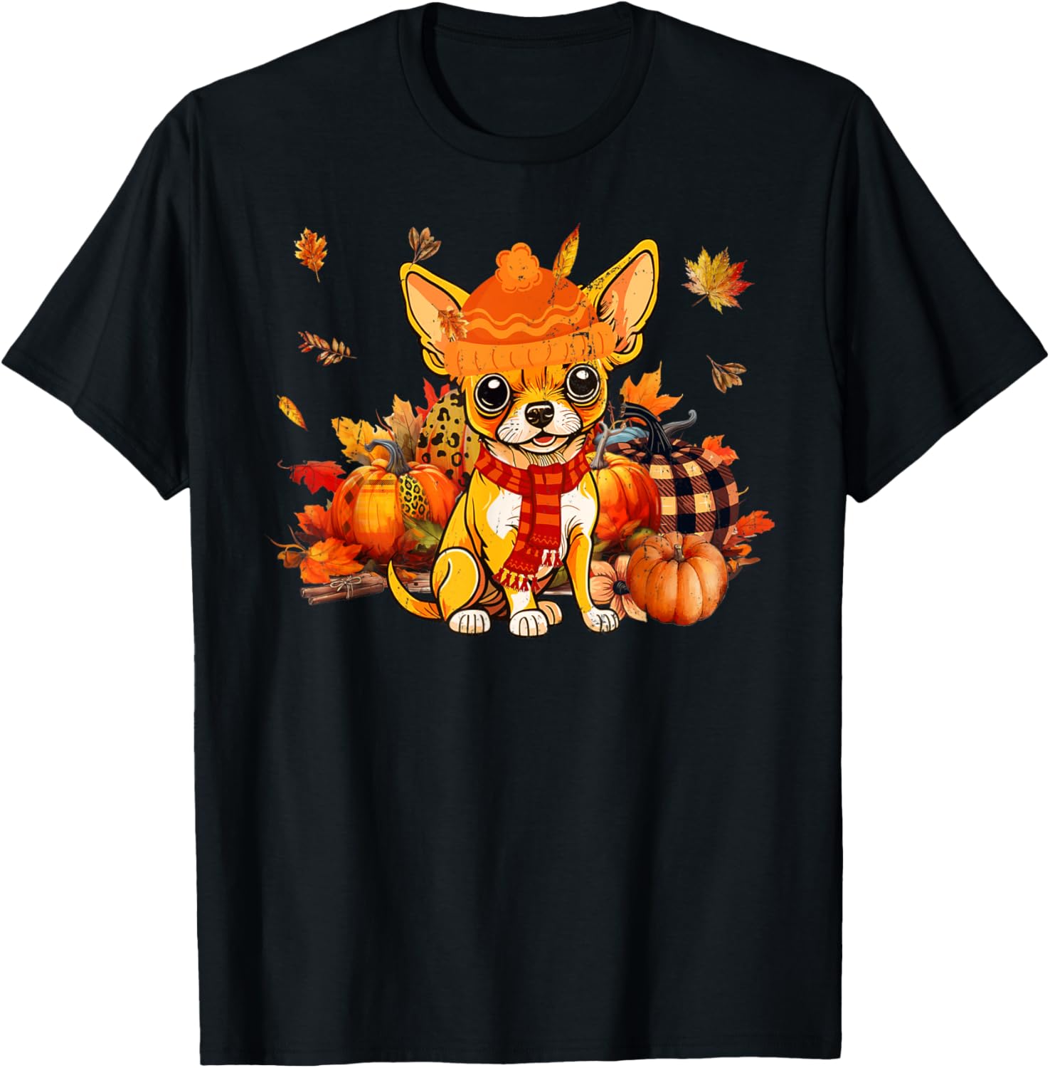 Chihuahua Dog Fall Scarf Leopard Pumpkins Autumn Leaves T-Shirt
