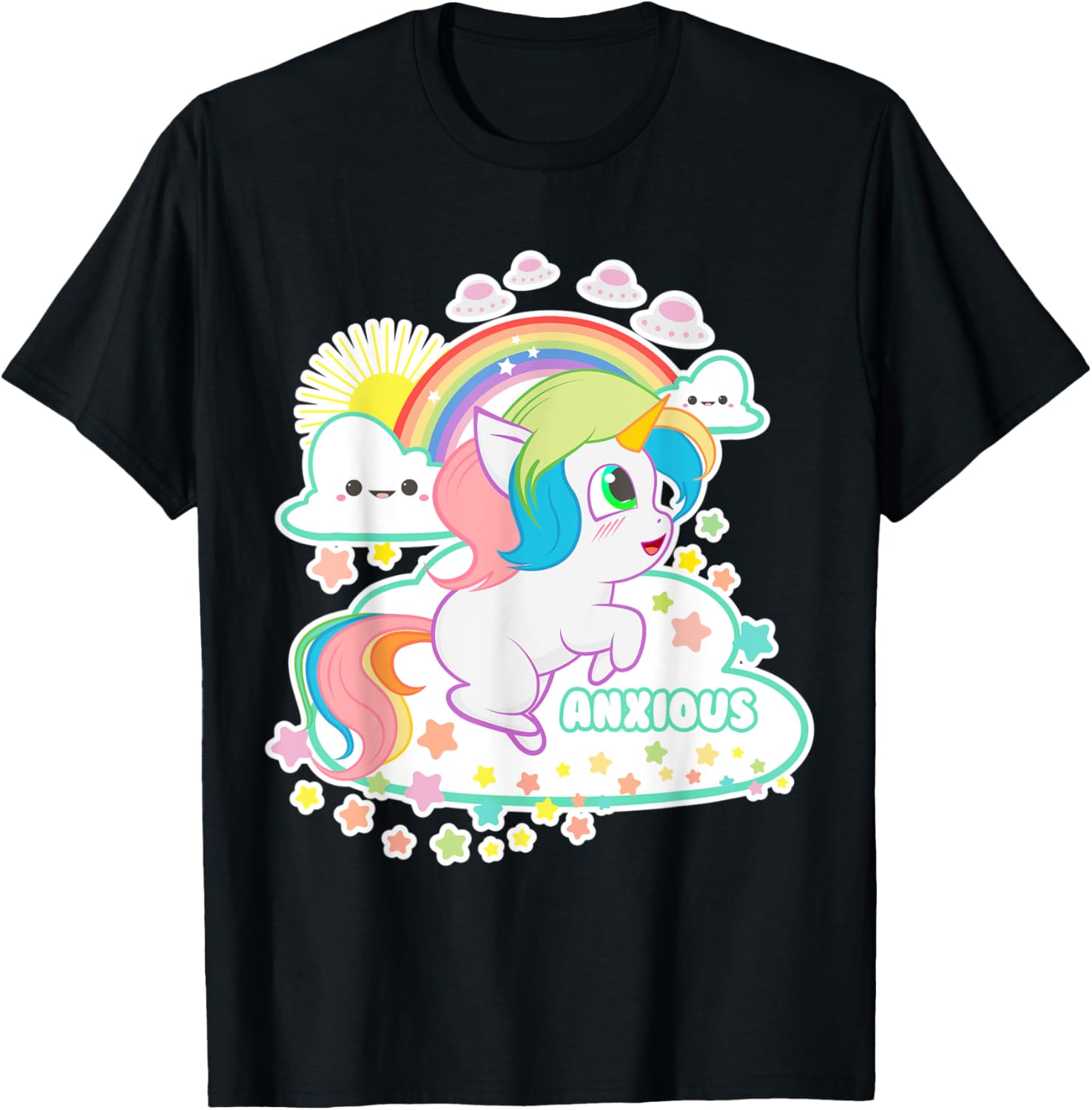 Anxious Unicorn Soft Grunge Rainbow & Clouds Chibi T Shirt