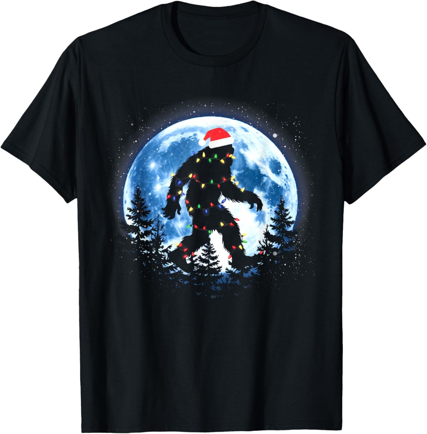 Bigfoot Christmas Lights Santa Hat Sasquatch Moon Xmas